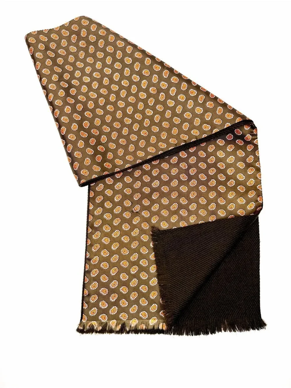 Men's Doubled Reversible Scarf Silk Wool Brown  Paisley Print 11x50